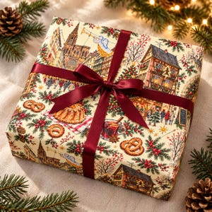 May include: A square gift box wrapped in cream-colored paper featuring a detailed Christmas market scene with timber-framed houses, a cathedral, pretzels, and mulled wine. A deep burgundy satin ribbon is tied in a bow around the package.