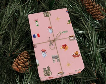 Pink Paris Christmas Festive Whimsical Wrapping Paper For Holiday, Christmas Gifts