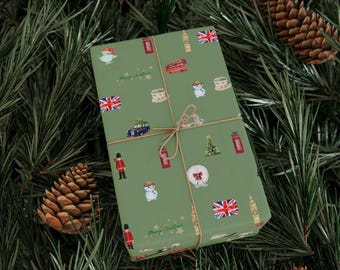 London Holiday-Themed Green Christmas Festive Wrapping Paper Gift Wrap