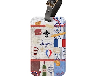 Bonjour French Collage Acrylic Luggage Tag | Eiffel Tower, Croissant, Tricolor