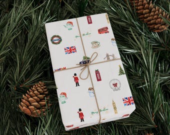 London Themed Christmas Festive Whimsical Wrapping Paper For Holiday, Christmas Gifts and Presents