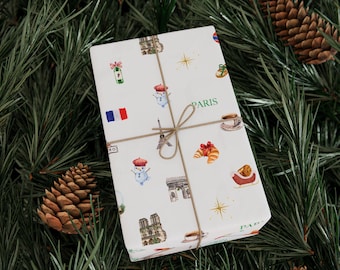 Paris France Themed Christmas Festive Whimsical Wrapping Paper For Holiday, Christmas Gifts