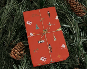NYC Christmas Red Wrapping Paper, Festive Gift Wrap