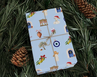 Greek Holiday Greece -Themed Blue Christmas Wrapping Paper Gift Wrap