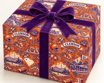 Clemson, South Carolina Football Toile Wrapping Paper: Purple and Orange Gift Wrap