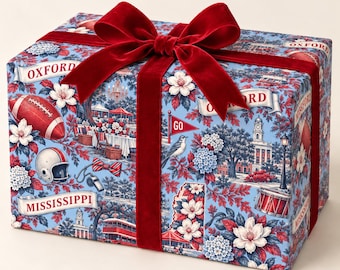 Oxford, Mississippi Football Toile Wrapping Paper: Powder Blue and Red Gift Wrap