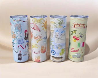 Four Destination Designs! Euro Summer Skinny Tumbler, 20oz Travel Cup, Water Bottle with Straw