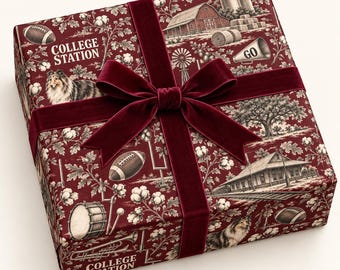 College Station, Texas Football Toile Wrapping Paper: Maroon and White Gift Wrap