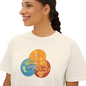 Camiseta gráfica cuadrada con diagrama de Venn de verano europeo, temática de viajes europeos - Camiseta holgada de manga corta para mujer