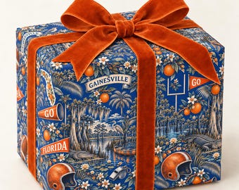 Gainesville, Florida Football Toile Wrapping Paper: Blue and Orange Gift Wrap