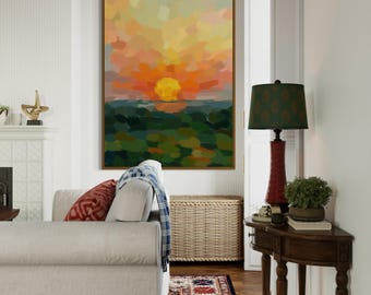 Abstract Sunrise Oil Painting Art Print – Golden Hour Landscape (PDF)