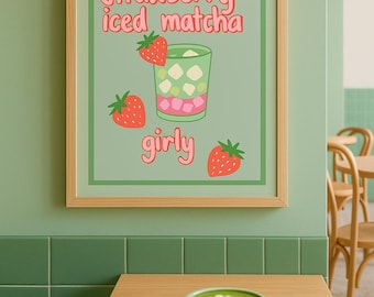 Erdbeer Matcha Latte Kunstdruck | Ästhetisches Cafe Dekor (Digitaler Download)