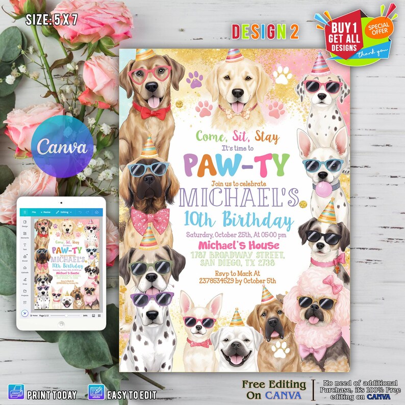 Editable Rainbow Girl Birthday Invitation – Printable Dog Party Invite ...