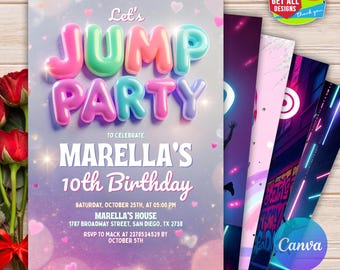 Verjaardagsuitnodiging springen feest, trampolinefeest, springen feest bewerkbare uitnodiging, bounce feest, trampoline verjaardagsuitnodiging, jongen meisje