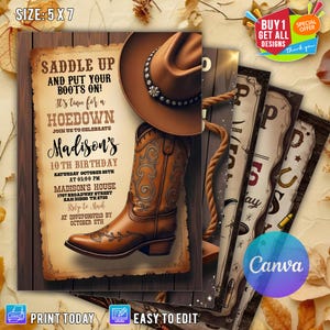 Invito da cowboy modificabile, invito per festa di compleanno con ballo western, invito stampabile per compleanno da cowboy, in sella e mettiti gli stivali