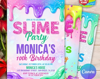 Slime Birthday Invitation, EDITABLE Neon Glow Slime Party Invite Template, Girl Birthday Party, Glitter Slime Time, Slime CANVA