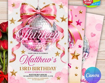 Editable Disco Ball Coquette Birthday Invitation, Coquette Ribbon Theme Party, Disco Ball Birthday Invitation, Dance Party, Instant Download
