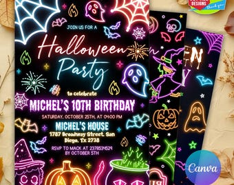 Editable Neon Halloween Birthday Invitation, Halloween Invitation Kids Halloween Birthday Halloween Spooky Party Invite, Neon Glow Halloween