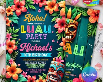 Luau Birthday Invitation, Luau Party Invitation, Luau Invitation, Hawaiian Birthday Invitation, Editable Luau Invitation Hawaiian Invitation