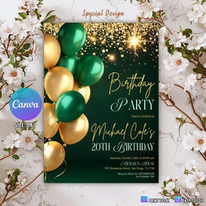 Editable Green Gold Birthday Party Invitation, Evite, Balloons, For Him Or Her Instant Download Printable, Any Age, Balloon Green Gold