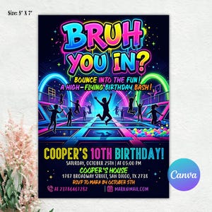 Convite de aniversário com tema "Bruh Jump Glow", convite para festa em parque de trampolins neon, convite de aniversário editável para festa neon de menino no Canva.