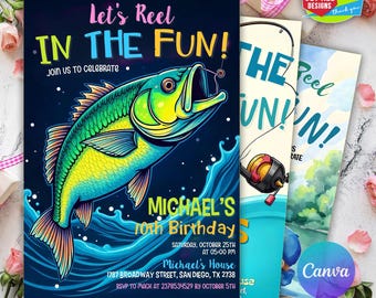 Fishing Birthday Invitation,Fishing Invitation,Gone Fishing Birthday Party,Reel in the Fun Invite,Instant Download,Editable Text Canva