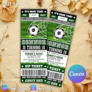 Peut inclure: Une invitation de fête d'anniversaire sur le thème du football, de couleur verte et noire. Le billet indique "C'est l'heure du match !" et "Connor a 10 ans". Le billet présente un ballon de football et un code-barres de billet VIP.