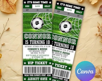 May include: Green and black ticket invitation for a soccer-themed birthday party. The ticket says "It's Game Time!" and "Connor is turning 10". The ticket has a soccer ball graphic and a VIP ticket barcode.