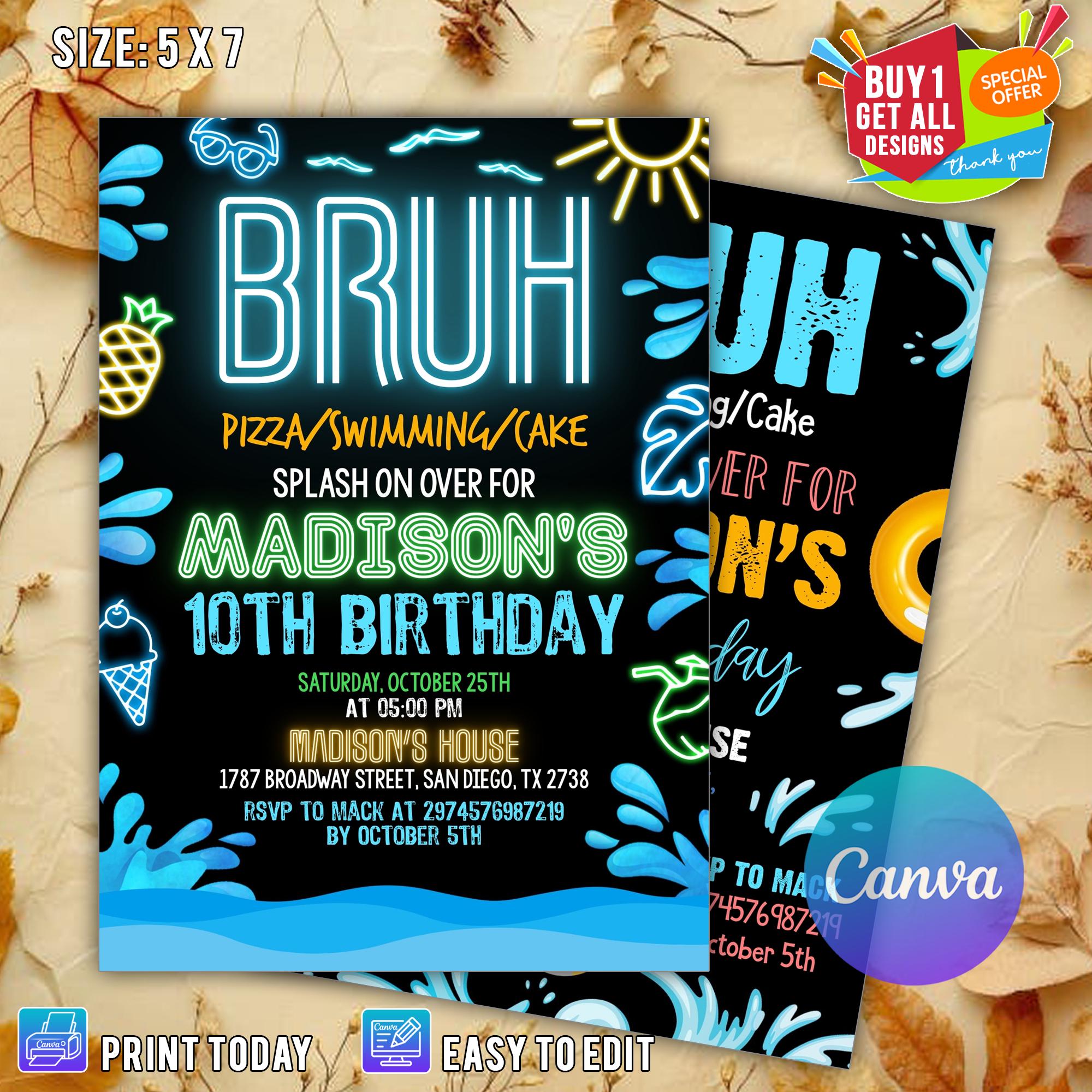 Editable Bruh Neon Birthday Invitation, Boy Pool Birthday Party Invitation, Bruh You in Any Age Birthday Invitation, Bruh Pool Party