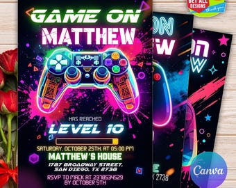 Video Game Birthday Party Invitation, Level Up Birthday Invite, Arcade Party Invitation, Neon Glow Invite, Glow Video Gamer, Editable Canva