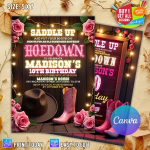 Cowgirl-Geburtstags-Einladung, Nashville-Party, rosa Cowgirl-Party einladen, Weltraum-Cowgirl-Geburtstag, Disco Rodeo einladen, bearbeitbares Cowgirl Canva