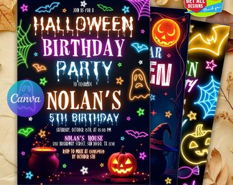 Invitación editable de fiesta de Halloween con neón brillante, invitación de cumpleaños, invitación de Halloween, Halloween espeluznante, invitación de Halloween con neón brillante CANVA