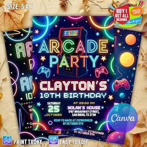 Arcade-Geburtstagseinladungsvorlage, Arcade-Einladung, Neon Glow Invite, Jungen-Gamer-Party, Videospielparty, Arcade-Party, bearbeitbare Canva
