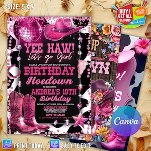 Pink Cowgirl Birthday Invitation, Country Western Invite, Cowgirl Hoedown Birthday Party Invite, Glam Invite, Editable Canva Cowgirl