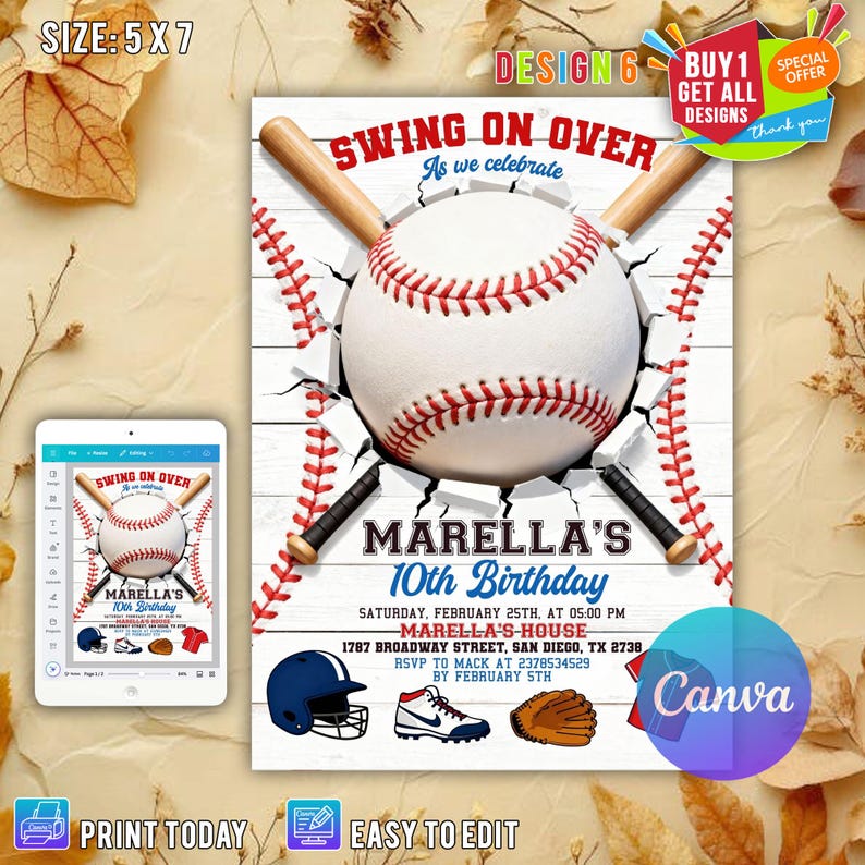 Editable Baseball Birthday Invitation, Baseball Invites, Instant Download Baseball Invitations, Digital File CANVA