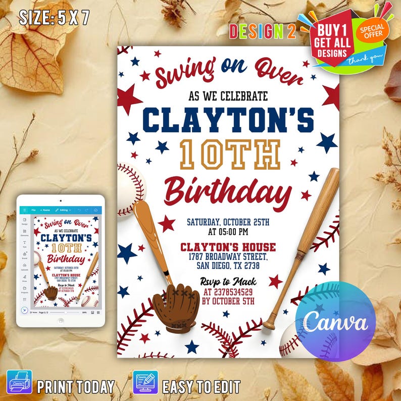 Editable Baseball Birthday Invitation, Baseball Invites, Instant Download Baseball Invitations, Digital File CANVA