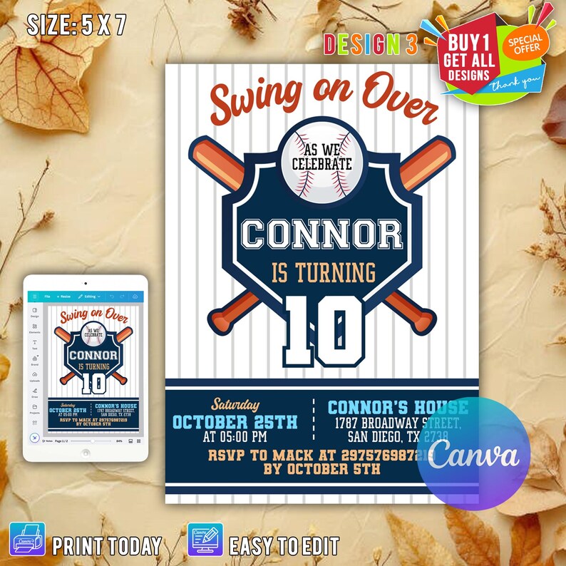 Editable Baseball Birthday Invitation, Baseball Invites, Instant Download Baseball Invitations, Digital File CANVA