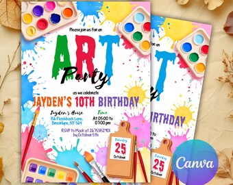 May include: A colorful birthday party invitation with paint splatters, paintbrushes, and paint palettes. The invitation says "Art Party" and "Jayden's 10th Birthday".