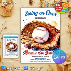Editable Baseball Birthday Invitation, Baseball Invites, Instant Download Baseball Invitations, Digital File CANVA