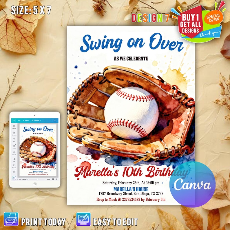 Editable Baseball Birthday Invitation, Baseball Invites, Instant Download Baseball Invitations, Digital File CANVA