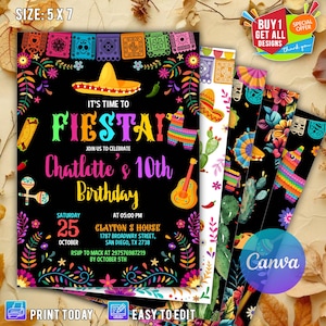 Fiesta Birthday Invitation, Fiesta Invitation, Mexican Theme Invitation, Mexican Papel Birthday Invite, Canva Editable Invitation Template