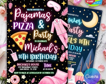 Convite de aniversário para festa do pijama, convite para festa do pijama para imprimir, festa do pijama, festa do pijama, modelo editável com luz neon retrô, festa do pijama