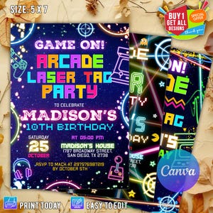 Editable Boy Arcade and Laser Tag Party Invitation Neon Birthday Party Invite Aracade birthday kids laser TAG party instant download