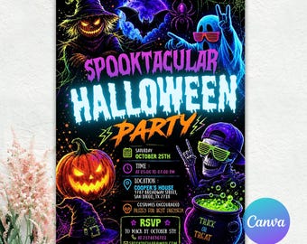 May include: A 5 inch by 7 inch Halloween party invitation flyer featuring a glowing scarecrow, a ghost with shutter shades, a skull in a baseball cap, a jack-o'-lantern, and a bubbling cauldron against a black background with neon text.