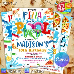 Pizza Pool Party Invitation, Pizza and Pool Party Invite, Boy Pool Party, Swimming Party, Instant Download, pOOL pARTY Pizza, Canva Template