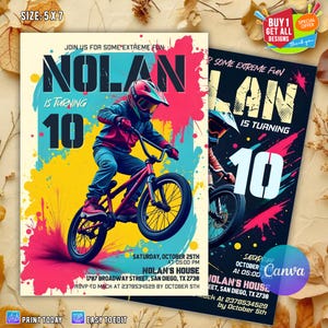 May include: Birthday party invitation featuring a BMX rider on a red bike, with the name "NOLAN" and the number "10" in large text. The invitation includes event details and the text "Join us for some extreme fun". The size is 5x7 inches.