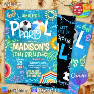 Editable Soccer Pool Birthday Invitation, Boy Sports Summer Birthday Invite, Soccer Birthday Invitation, Pool Birthday Invitation, Digital