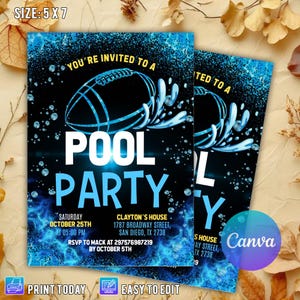 Convite editável para festa de futebol na piscina, convite de aniversário na piscina, convite de aniversário de futebol, aniversário de verão de esportes para meninos, Canva
