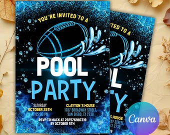 Editable Football Pool Party Invitation, Pool Birthday Invitation, Football Birthday Invitation, Boy Sports Summer Birthday, Canva