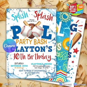 Invitación editable para fiesta de cumpleaños de béisbol en la piscina, fiesta de verano en la piscina, fiesta de cumpleaños deportiva, invitación de béisbol, invitación editable de Canva